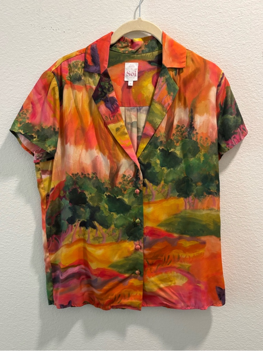 Soi Paris Vibrant Watercolor Button-Up Blouse, size 38/M